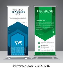 Diseño geométrico de la Plantilla del Anuncio del rollo de la forma para su proyecto, acontecimiento, negocio, folleto, volante, publicidad moderna Anuncio de la Vertical, tire hacia arriba, standee, Anuncio del soporte con los colores azules y verdes,