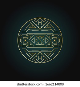 Geometrisches, rund elegantes Zeichen im Art-Deco-Stil. Trend Line Art Icon, Vektorillustration Design 1920. Luxuriöses Cover Grafik Poster Broschüre Design. Mystery Stammeillustration Art