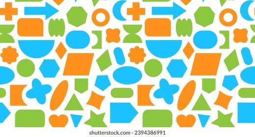 Geometric shape seamless pattern, retro figure background, graphic simple print colorful basic form, abstract geometry. Cute modern bg. Vector illustration