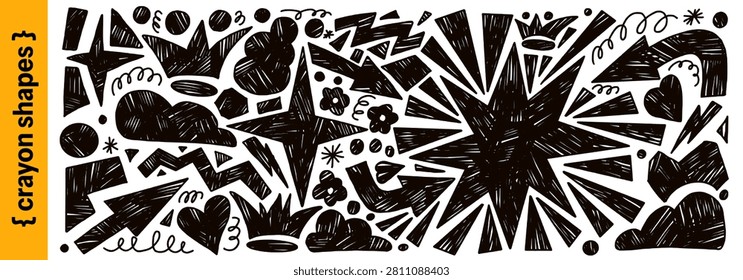 Geometric shape set with chalk and brush charcoal texture for sketch journal and card. Hand drawn abstract geometric organic shapes figures on white. Monochrome vector doodle star and crown isolated.