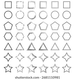 Geometric shape set. Hexagon triangle square. Abstract grunge texture. Vector rough drawing. EPS 10.