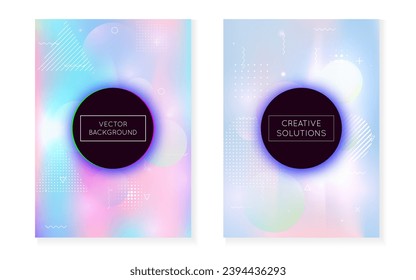 Geometric Shape. Shiny Futuristic Template. Science Flyer. Vibrant Dots. Blue Light Background. Rainbow Presentation. Retro Vector. Neon Texture. Violet Geometric Shape