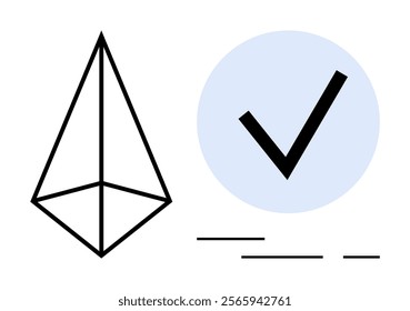 A geometric shape with a three-dimensional pyramid next to a check mark within a light blue circle. Ideal for design, analytics, validation, achievement, approval, and completion themes. Minimalist