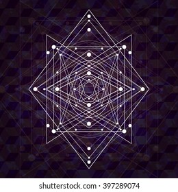 Geometric shape. Trendy figure with triangles, rhombs, circles, squares and dots. Tattoo design. Simple thin geometric shape. Alchemy effect elements. Stylish logo or label.