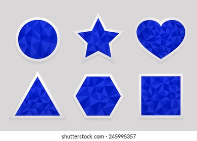 Geometric shape from triangles. Set of blue labels in the shapes of circle, star, heart, triangle, hexagon and square - vector illustration.