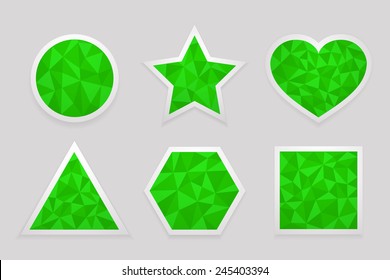 Geometric shape from triangles. Set of green labels in the shapes of circle, star, heart, triangle, hexagon and square - vector illustration.