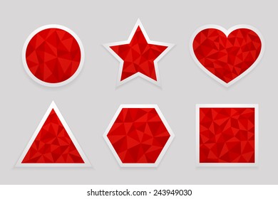 Geometric shape from triangles. Set of red labels in the shapes of circle, star, heart, triangle, hexagon and square - vector illustration.