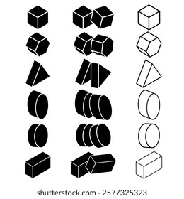 Geometric Shape Variations in Solid and Outline Styles Vector Illustration. This vector displays a variety of geometric shapes, presented in three distinct styles: solid black, 3D effect and outline.