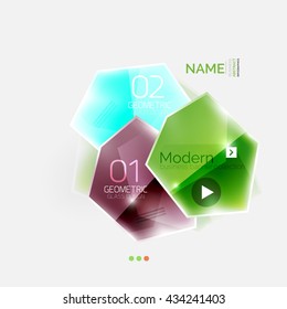 Geometric shaped business infographics. Glossy color elements with option text and button. Abstract presentation element