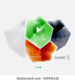 Geometric shaped business infographics. Glossy color elements with option text and button. Abstract presentation element