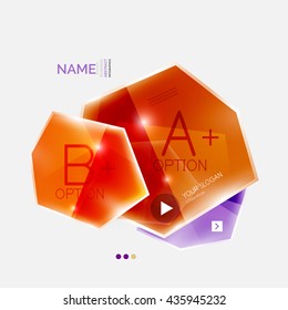 Geometric shaped business infographics. Glossy color elements with option text and button. Abstract presentation element