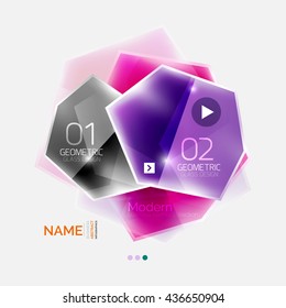 Geometric shaped business infographics. Glossy color elements with option text and button. Abstract presentation element