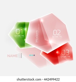 Geometric shaped business infographics. Glossy color elements with option text and button. Abstract presentation element