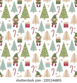 Geometric shaped Christmas trees decorated with garlands and toy balls, elf santa's helpers, gift boxes. Seamless pattern cartoon character. Vector cute illustration for gift paper, fabric, covers