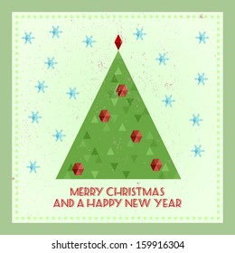 árbol de navidad estilizado con forma geométrica con copos de nieve sobre un fondo de estilo vintage con efectos de grunge, eps 10 vector