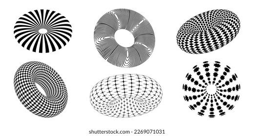 Geometric shapes, 3d in black and white. Three-dimensional design elements. Psychedelic aesthetic style of the 2000s. Y2K, kaybug. Vector.
