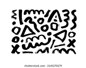 Geometric shapes in 80-90s style. Grunge straight brush stroke, triangles, circles, zigzag lines. Ink brush scribbles with texture. Messy doodles, curvy lines in Memphis style isolated on white