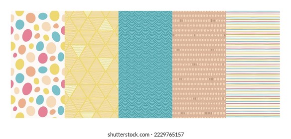 Geometric shapes abstract background collection. Vector colorful illustration set. Dot, triangle, wave pattern of green, yellow, pink pastel color. Design textile for wrapping paper, textile, backdrop