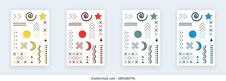 Geometric shapes abstract cover set. Isolated memphis style of poster banner. Halftone design of abstract wave, cross sign and star. Funky trendy cover with different geometric shapes. EPS 10
