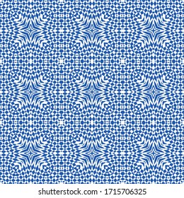 Geometric shapes abstract decorative blue and white vector pattern. Vector geometrical mosaic checkered rhombus rosette mosaic tiles seamless background. 
