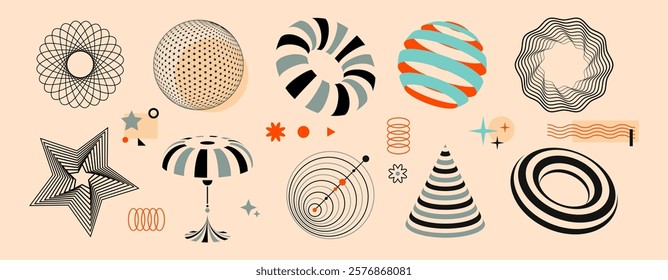 Geometric shapes. Abstract figures. Retro art textures. Grid pattern. Torus and concentric circles. Technology design. Star and flower forms. Wireframe spheres. Vector lines black graphic icons set