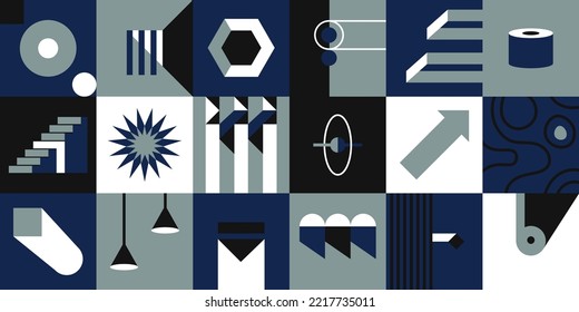 Geometric shapes and abstract forms in square, print or seamless pattern. Hanging lamps and straight lines, curves and stairs. Bauhaus background, contemporary artwork design. Vector in flat style