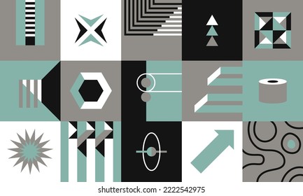 Geometric shapes and abstract forms in square, print or seamless pattern. Hanging lamps and straight lines, curves and stairs. Bauhaus background, contemporary artwork design. Vector in flat style