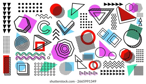 Geometric shapes. Abstract memphis style, points grid and lines background