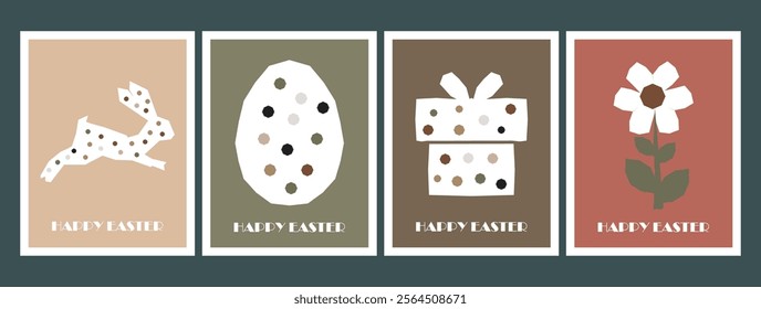  Geometric Shapes abstract modern unique Easter greeting cards with paper cutout-style bunny, egg, chick,gift,and flower in natural colors. Applicable to kids room decor, posters, and flyers. 