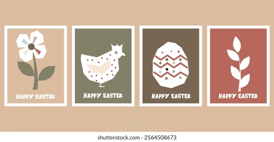  Geometric Shapes abstract modern unique Easter greeting cards with paper cutout-style bunny, egg, chick,gift,and flower in natural colors. Applicable to kids room decor, posters, and flyers. 