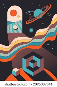 Geometric shapes abstraction. Bright psychodelic cover. Vintage hippie style pictures. Retro banner and poster. Galaxy, solar system, planets and moon. Cartoon volumetric vector illustration