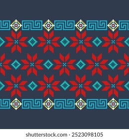 geometric shapes arranged traditional Thai cloth pattern clothing Thai ethnic sarong Cross-stitch pattern in Pixel Seamless Vector format using geometric shapes arranged into flower shapes
