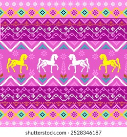 geometric shapes arranged traditional Thai cloth pattern clothing Thai ethnic sarong Cross-stitch pattern in Pixel Seamless Vector format using geometric shapes arranged into horses shapes