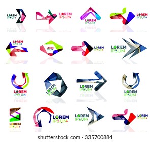 Geometric shapes arrow company logo set, paper origami style. Vector illustration