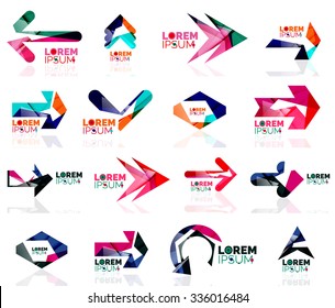 Geometric shapes arrow company logo set, paper origami style. Vector illustration