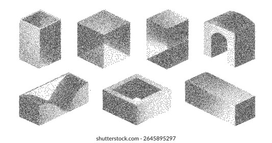 Geometric shapes are artistically represented using dot art techniques, showcasing various forms like cubes and rectangles in a creative arrangement for design inspiration.