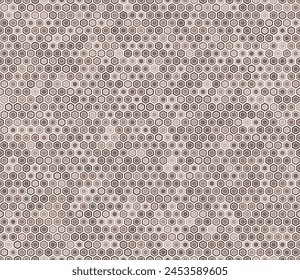 Geometric shapes background. Bold rounded hexagon cells with padding and inner solid cells. Brown color tones. Regular hexagon shapes. Tileable pattern. Seamless vector illustration.