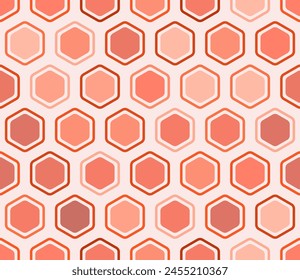 Geometric shapes background. Bold rounded hexagons mosaic cells with padding and inner solid cells. Orange color tones. Large hexagon shapes. Tileable pattern. Seamless vector illustration.