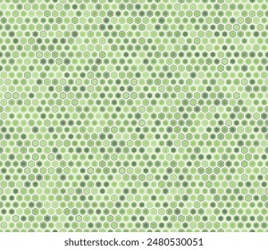 Geometric shapes background. Bold rounded hexagons mosaic cells with padding and inner solid cells. Green color tones. Regular hexagon shapes. Tileable pattern. Seamless vector illustration.