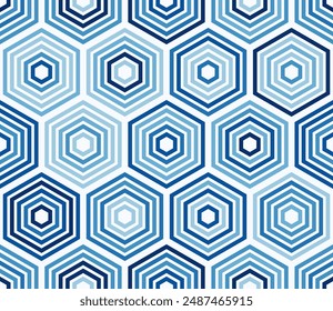 Geometric shapes background. Hexagon stacked mosaic background. Blue color tones. Large hexagons. Tileable pattern. Seamless vector illustration.