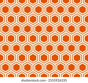 Geometric shapes background. Orange color on matching background. Hexagon mosaic composition with inner solid cells. Hexagonal cells. Seamless design. Tileable vector illustration.