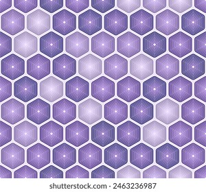 Geometric shapes background. Purple color tones gradients. Rounded stacked hexagons mosaic pattern. Hexagonal cells. Seamless pattern. Tileable vector illustration.