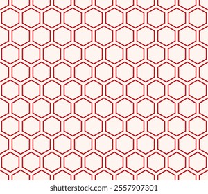 Geometric shapes background. Red color on matching background. Hexagon mosaic composition. Hexagonal shapes. Seamless design. Tileable vector illustration.