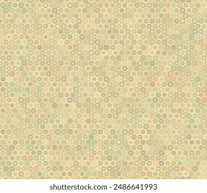 Geometric shapes background. Rounded stacked hexagons mosaic cells. Regular hexagon shapes. Multiple tones color palette. Seamless pattern. Tileable vector illustration.