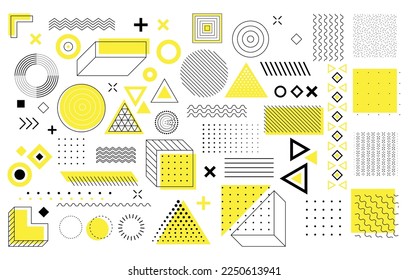 Geometric shapes background. Simple figures. Memphis design, retro elements for the Internet, advertising, commercial banner or poster. Abstract vector pattern with simple shapes