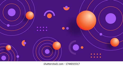 Geometric shapes background. Vector illustration. Abstract geometric background in style line art with 3D orange spheres. Horizontal violet banner. Design card, cover, wallpaper.