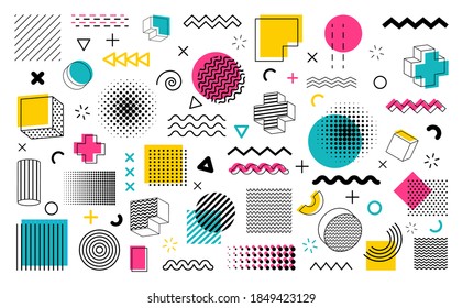 Geometric shapes big set. Collection geometric shapes in memphis style. Vector abstract elements for web design.