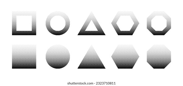 Geometric Shapes With Bitmap Pattern Dither Linear Gradient Vector Set Isolated On White Background. Square Circle Triangle Hexagon Octagon Figures With Retro 8 Bit Texture Design Elements Collection