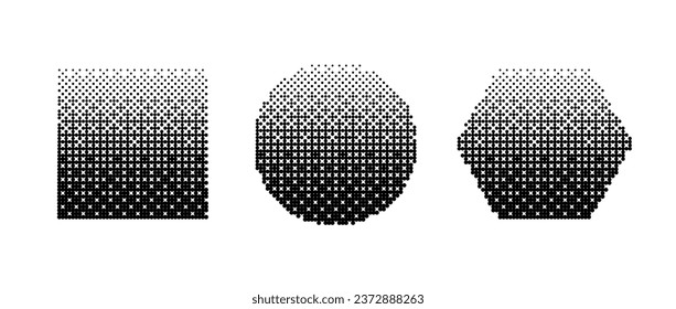 Geometric shapes bitmap set. Dither gradient forms collection. Circle, square, hexagon elements design elements for poster, banner, collage, booklet, brochure. Abstract pixelated shapes pack. Vector