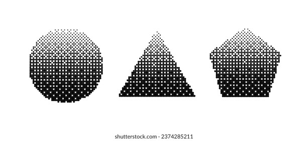 Geometric shapes bitmap set. Dither gradient forms collection. Circle, triangle, pentagon design elements for poster, banner, collage, booklet, brochure. Abstract pixelated shapes pack. Vector